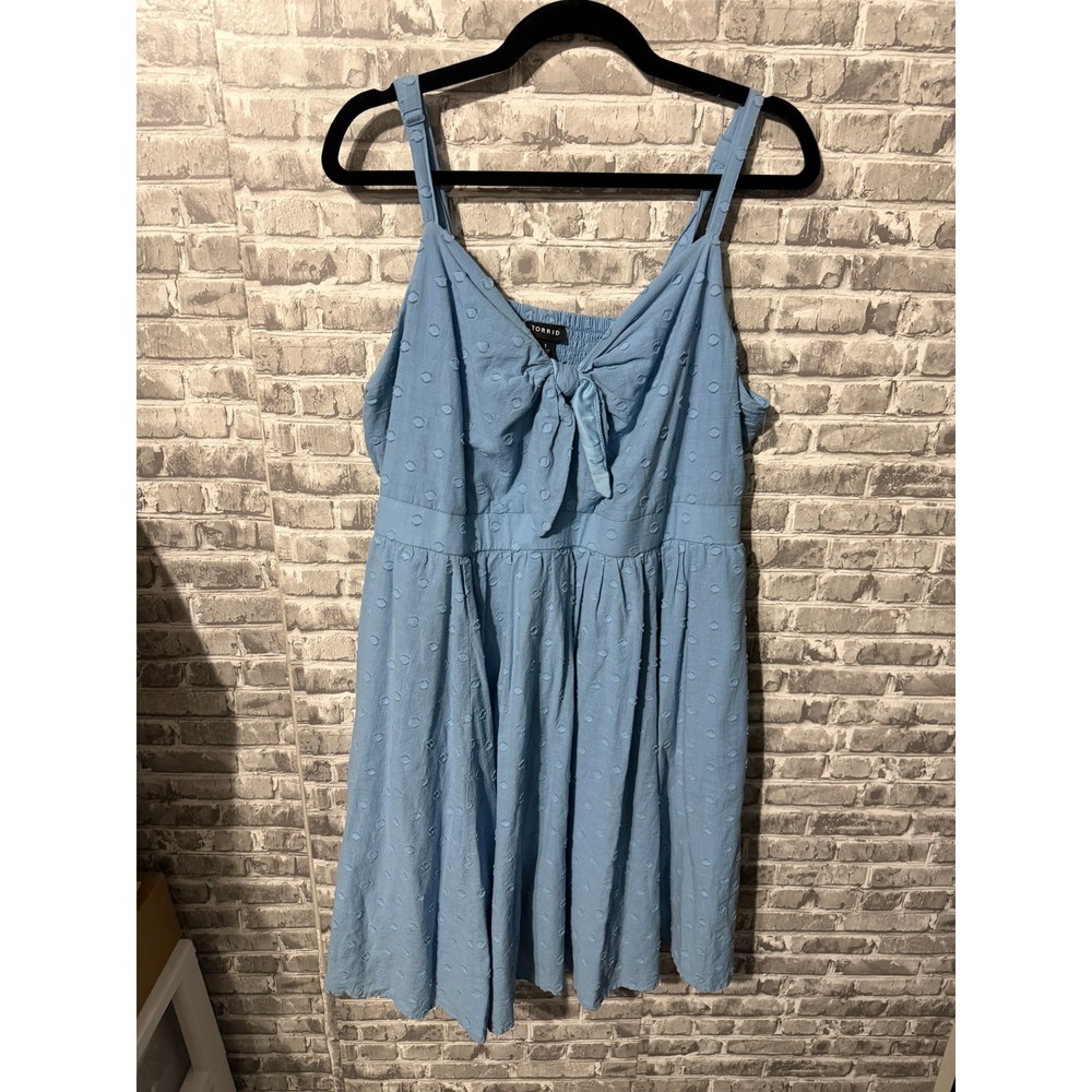 Torrid Blue Swiss Dot Tie Front Smocked Back Sun Dress Plus Size 1